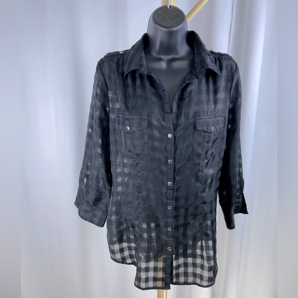 White House Black Market Black/Black Plaid Semi-Sheer Gunmetal Gray Button Down